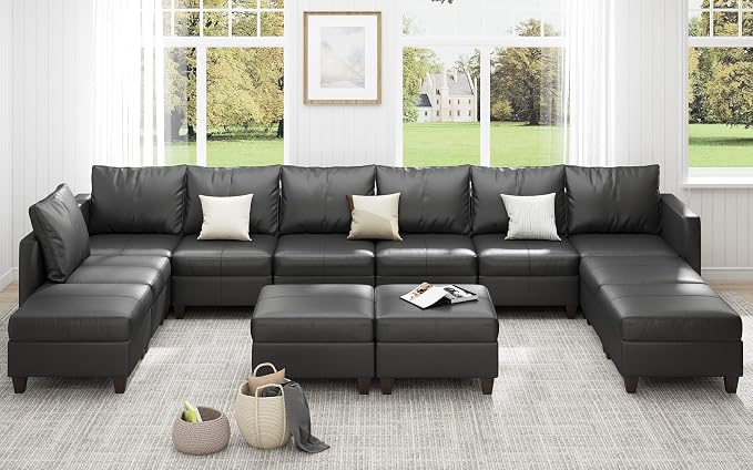 Ease MOOSEO versized Sectional Sofa Modular Couch with Reversible Chaises, Black Faux Leather Sectional Sofa U Shaped Sectional Couch with Storage Large Sleeper Sectional Modular Sofa