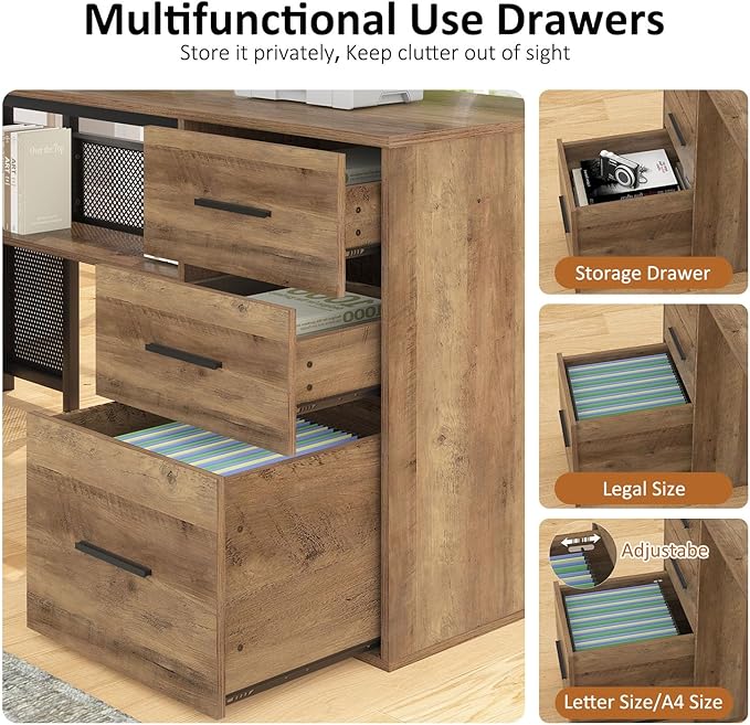 HSH Large L Shaped Home Office Desk with Drawers, Rustic L-shaped Computer Desk with Storage File Cabinet Shelves, Corner Reversible Metal Wood Executive Work Study Writing Table, 59 Inch Bedroom Desk