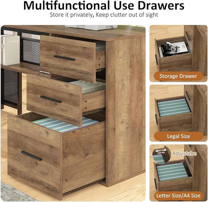 HSH Large L Shaped Home Office Desk with Drawers, Rustic L-shaped Computer Desk with Storage File Cabinet Shelves, Corner Reversible Metal Wood Executive Work Study Writing Table, 59 Inch Bedroom Desk