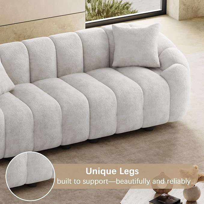 92" Oversized Minimalistic Boucle Sofa for Living Room, Luxury Plush Extra Deep Seat Tufted Sofa, Modern Comfy Curved Cloud Couch, Upholstered 3-Seater Chenille Couches, Beige White