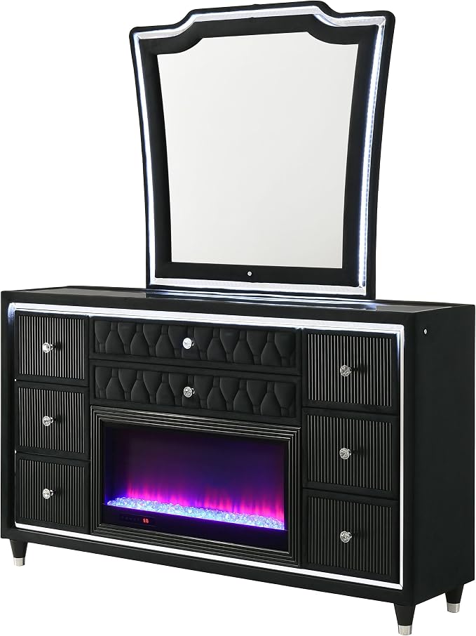 Coaster Home Furnishings Lorient 8-Drawer LED Flame Box Dresser and Mirror Black 223163FBM