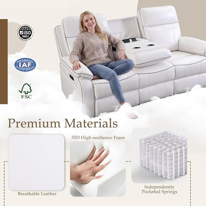 Power Reclining Sofa with Fold Down Table, Breathable PU Leather Electric Reclining Couch, 3 Seater Recliner Sofa with Power Outlets/USB-C/A Ports for Living Room(White, 3 Seat)