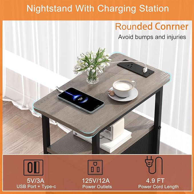 sthmec Narrow End Table with Charging Station, Narrow Side Table with 2 Fabric Drawers, Slim Nightstand, Skinny Bedside Table, Small Side Table for Small Spaces, Living Room, Bedroom, Grey