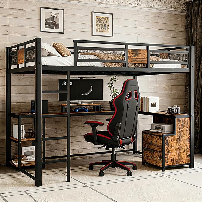 Bellemave Full Loft Bed with Desk & Storage Fabric Drawers, Shelves, Heavy Duty Full Size Metal Loft Bed Frame for Adults & Teens, Space Saving Bed for Small Room, Dorm & Apartment, Black