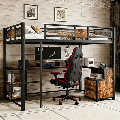 Bellemave Full Loft Bed with Desk & Storage Fabric Drawers, Shelves, Heavy Duty Full Size Metal Loft Bed Frame for Adults & Teens, Space Saving Bed for Small Room, Dorm & Apartment, Black