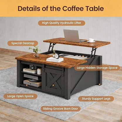 Simple Deluxe Lift Top Coffee Table with Storage, Farmhouse Coffee Table for Living Room, Coffee Tables with Hidden Storage, Coffee Tables with Lifting Top Center Table for Living Room (Black)