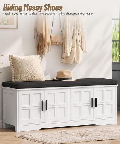 Akxomel Shoe Bench with Storage, 47.2" Entryway Bench with Padded Cushion, 2-Tier Shoe Cabinet Bench with Adjustable Shelves and 4 Cross Molding Doors, for Hallway, Living Room, Bedroom, White