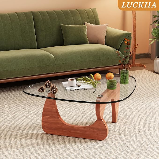 Coffee Tables Glass Small Farmhouse Coffee Table Mid-Century Modern Wood Center Table for Living Room, Walnut Transparent, 32 Inch