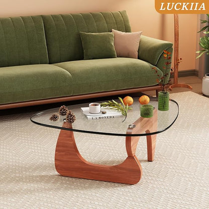 Coffee Tables Glass Small Farmhouse Coffee Table Mid-Century Modern Wood Center Table for Living Room, Walnut Transparent, 32 Inch