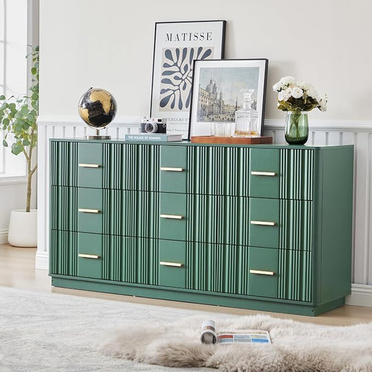 Fluted Dresser for Bedroom with 9 Drawers, 59" Wide Mid Century Modern Chest of Drawers, Wooden Dresser TV Stand, Wood Closet Clothes Storage Organizer for Living Room Hallway, Green