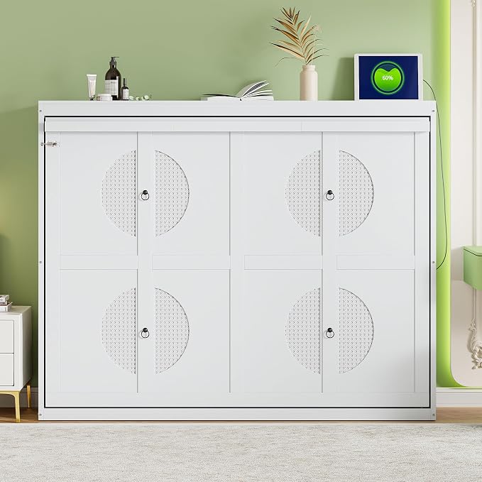 Ball & Cast Queen Size Murphy Bed with Charging Station and Slat Support,Wood Hideaway Cabinet Platform Beds w/Leg & Lock,can be Folded,Space-Saving,for Small Room,Dorms,White
