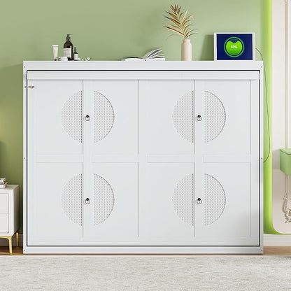 Ball & Cast Queen Size Murphy Bed with Charging Station and Slat Support,Wood Hideaway Cabinet Platform Beds w/Leg & Lock,can be Folded,Space-Saving,for Small Room,Dorms,White
