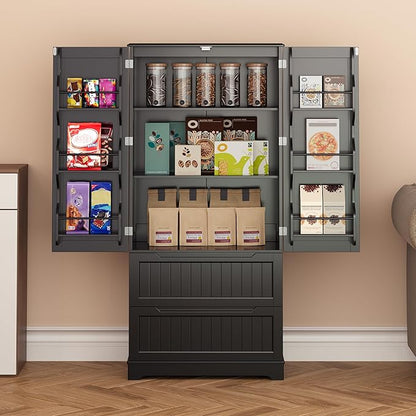 Gizoon Kitchen Storage Cabinets with Drawers Freestanding Kitchen Pantry with Doors and Shelves, 63" Food Pantry Cabinet for Dining Room Craft Room, Black, Painted