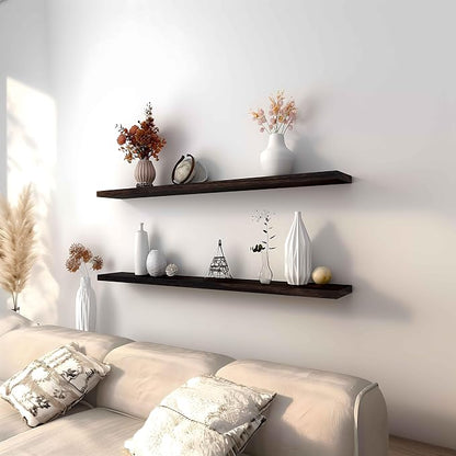 YYWUOJJ Wood Floating Shelves for Wall Decor, Rustic Wall Shelves for Bedroom Bathroom Kitchen Living Room, Set of 4 Walnut 48 Inch
