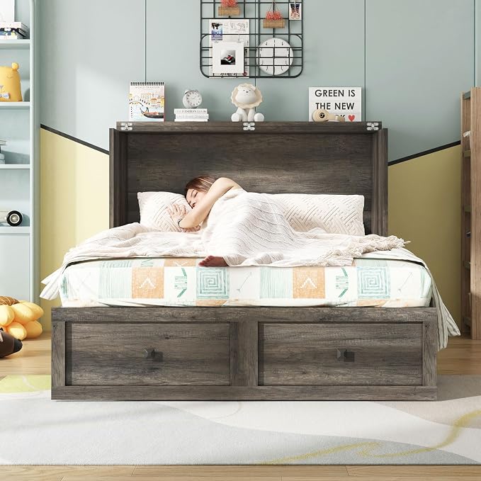 AMERLIFE Full Murphy Bed with Storage & Charging Station, Farmhouse Murphy Cabinet with Foldable Panel, Noisy Free, for Guest Bedroom, Living Room, Office, Rustic Grey
