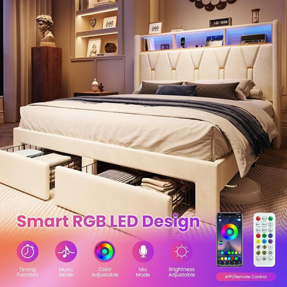 SHA CERLIN Full Velvet Platform Bed Frame with 2 Storage Drawers, LED Storage Headboard with Charging Station, Upholstered Wingback Headboard, Noise-Free, No Box Spring Needed, Easy Assembly, White