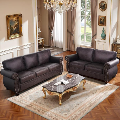 Couchus Mid-Century Vintage Sofa Couches with Rivet Design,3-Seater Sofa,Removable Sofa Cover Upholstered Cushions and Solid Wood Frame (Brown, 3-Seater)