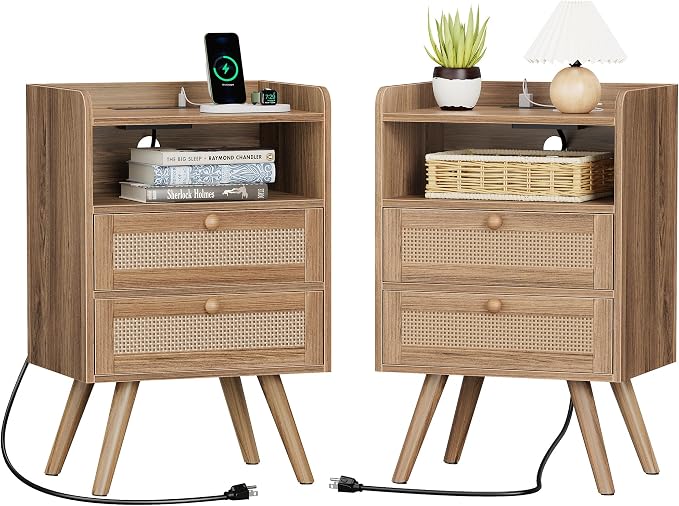 SUPERJARE 2 Drawer Night Stand with Charger Station, Boho Rattan Nightstand Set of 2, 25.2 Inch Tall Bed Side Table with Solid Wood Feet, End Table, Open Storage, Synthetic Rattan, Walnut