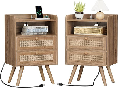 SUPERJARE 2 Drawer Night Stand with Charger Station, Boho Rattan Nightstand Set of 2, 25.2 Inch Tall Bed Side Table with Solid Wood Feet, End Table, Open Storage, Synthetic Rattan, Walnut