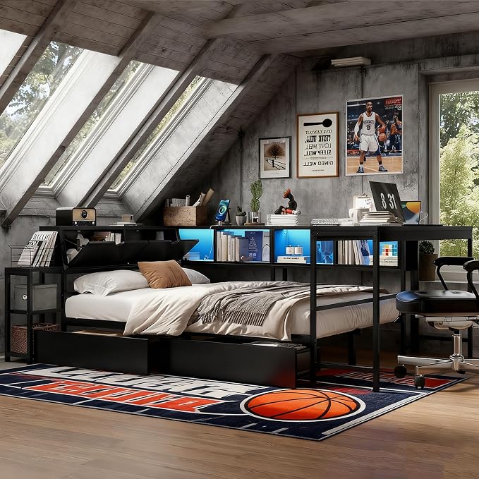 Bellemave Twin Size Corner Bed Frame with Storage Drawers, Bookcase and Side Desk, Twin Corner Bed with Light and Charging Station, Daybed for Bedroom, Living Room, Guest Room Black