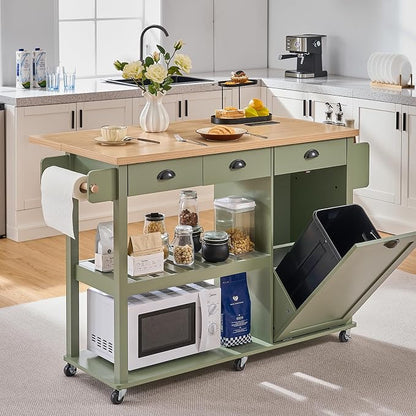ONBRILL 56" Kitchen Island with Drop Leaf, Rolling Kitchen Cart with Trash Cabinet, Power Outlet, 2-Tier Open Shelves, 3 Drawers, Spice & Paper Towel Racks, 6 Wheels (4 Locking) for Dining Room, Green