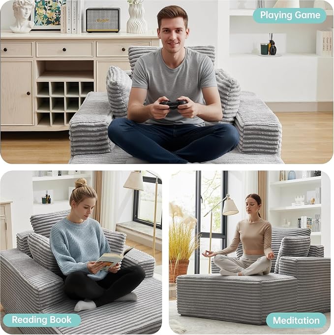 Boneless Chaise Lounge Chair, 54" Oversized Cloud Couch Sofa with Deep Seat, Plush Corduroy Reading Chair for Living Room, Bedroom, Reading Nook, Apartment, Gaming Room & Movie Nights, Gray