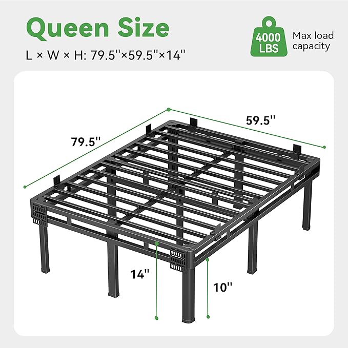 Superay Queen Bed Frame, 14 inch Metal Bed Frame & Box Spring 2 in 1 Design, Double Layer Bed Frame with Rounded Legs, Heavy Duty Platform Support 4000lbs, with Matress Gasket & headboard Adapter