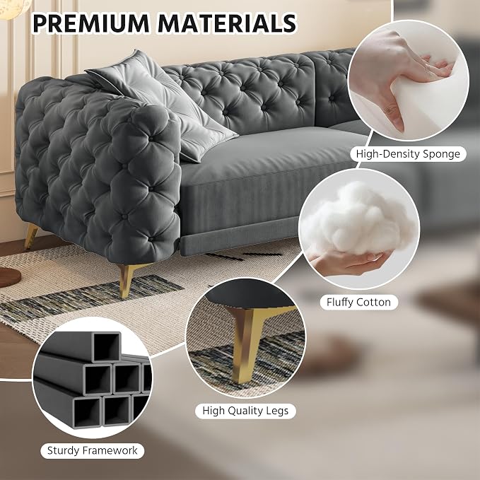 97.7" Convertible Queen Sleeper Sofa with Ottoman - Button Tufted Pull Out Sofa Bed, Velvet King Size Couch Bed & Vintage Deep Seat 4-Seater Couch for Small Spaces, Apartment & Living Room, Dark Grey | Button Tufted