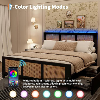 Garvee Rattan King Bed Frame with 4 Storage Drawers, Boho Cane Bed Frame with LED Headboard (7 Colors), Strong Metal Slats Support, Noise Free, No Box Spring Needed, Easy Assembly, Black