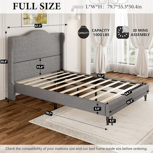 Full Size Bed Frame Upholstered Platform Bed with Tall Arched Wingback Headboard, Sturdy Wooden Slat Support, Easy Assembly No Box Spring Required, Soft Fabric Bed for Bedroom, Light Grey