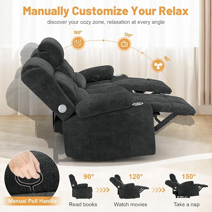 Dresegmt Loveseat Recliner Sofa, Flip Middle Backrest Design 3 Seat Reclining Sofa with Storage Drawer, USB Ports & Cup Holders, Manual Couch for Living Room/RV (Gray)