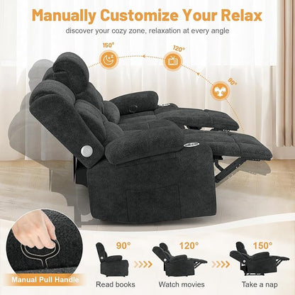 Dresegmt Loveseat Recliner Sofa, Flip Middle Backrest Design 3 Seat Reclining Sofa with Storage Drawer, USB Ports & Cup Holders, Manual Couch for Living Room/RV (Gray)