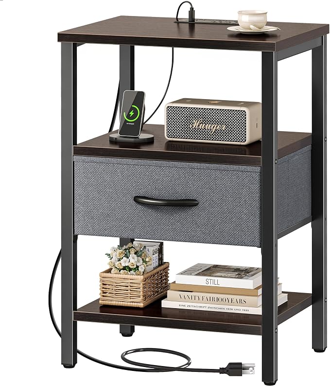SUPERJARE Nightstand with Charging Station, Bed Side Table with Adjustable Fabric Drawer, Night Stand for Bedroom, 3-Tier Storage End Table, for Living Room - Walnut