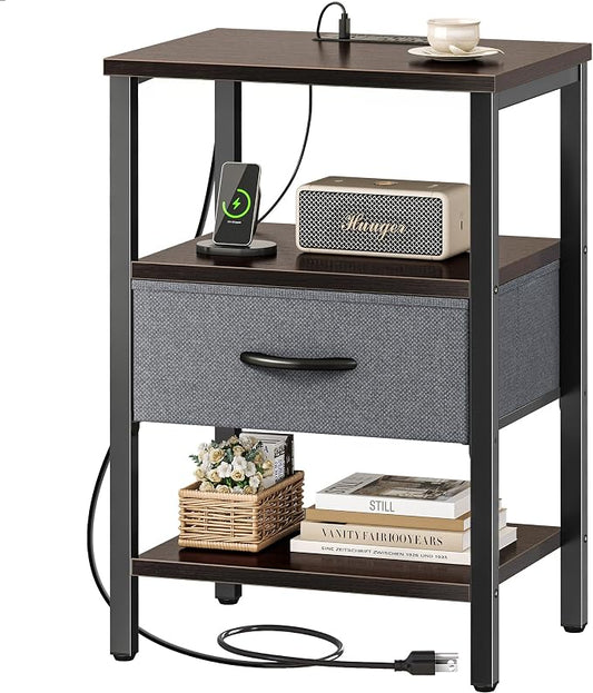 SUPERJARE Nightstand with Charging Station, Bed Side Table with Adjustable Fabric Drawer, Night Stand for Bedroom, 3-Tier Storage End Table, for Living Room - Walnut