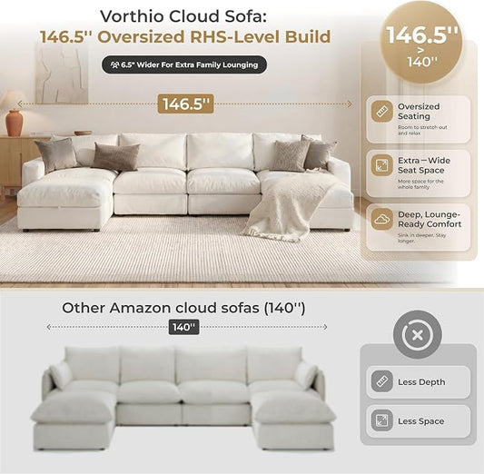 Cloud Couch Sectional 146.5'' Oversized Modular Deep Seat Sofa U Shaped Comfy White Cloud Couch with Washable Cover for Living Room 4 Seater with 2 Ottoman