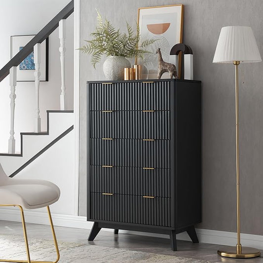T4TREAM Fluted 5 Drawers Dresser, 48" Tall Modern Chest of Drawers with Faux Marble Top, Curved Profile Design, Wood Drawer Organizer for Bedroom, Living Room, Hallway, Entryway, Dark Grey