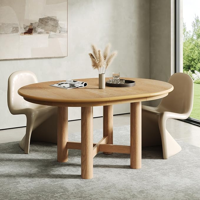 LUMISOL Extendable Round Dining Table for 4-6 People, 47”-63” Oval Kitchen Table with 16” Removable Leaf and Solid Wood Legs for Kitchen, Dining Room, Natural