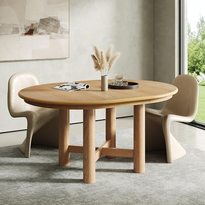 LUMISOL Extendable Round Dining Table for 4-6 People, 47”-63” Oval Kitchen Table with 16” Removable Leaf and Solid Wood Legs for Kitchen, Dining Room, Natural