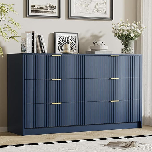 Furniway Navy Blue Dresser for Bedroom, Modern Dresser with 6 Drawers and Smooth Slides, Wide Chest of Drawers with Golden Handles for Bedroom, Living Room, Closet, 15.7" D x 55.1" W x 31.4" H