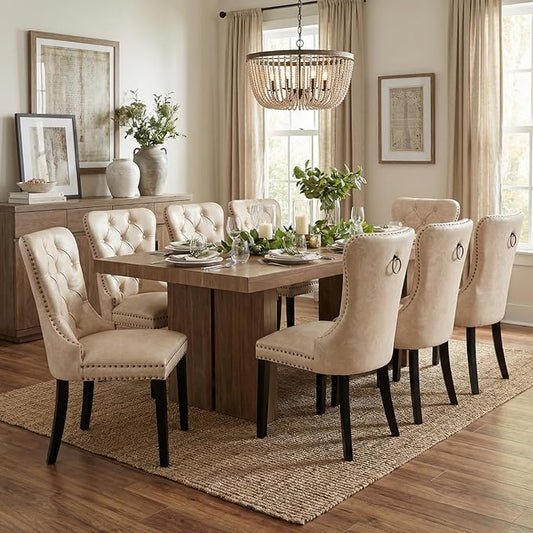 CIMOTA Beige Leather Dining Chairs Set of 8 Mid Century Modern Dining Room Chairs Tufted Upholstered Kitchen Dining Chairs Comfortable Side Chairs with Nailhead Trim/Ring Back (PU /8PCS)