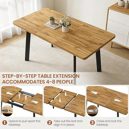 Extendable Dining Table Set for 4 to 8 People, 47.2" to 63" Modern Kitchen Table Set with 6 Leather Chairs, MDF Dining Room Table and Chairs with Removable Extension Leaf (Walnut Table+White Chairs)