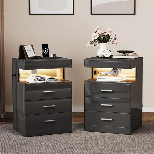 Treocho Led Nightstand with Hidden Space, Night Stand Set of 2 with Charging Station, 3 Drawer Smart Nightstand with Glossy Finish, Tall Bedside Table with RGB Lights for Bedroom, Black