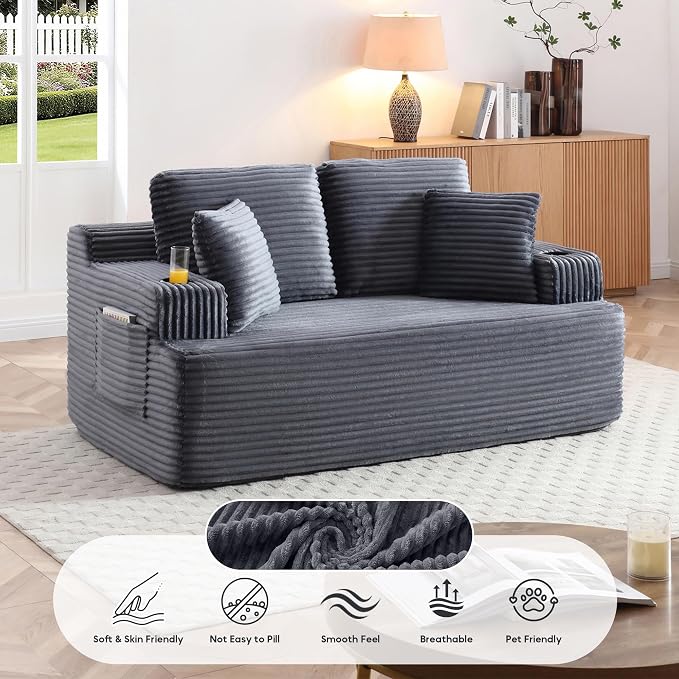 66.5'' Boneless Sofa Couch with Cup Holders & Side Pockets, Modern Corduroy Fabric Upholstered Loveseat Couch with 2 Throw Pillows for Living Room Office, No Assembly (Grey)