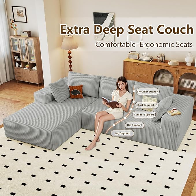 96" Modular Sectional Couch, Boneless L Shaped Cloud Sofa with Chaise Lounge, Corduroy Upholstered Couches Memory Foam Deep Seat, No Assembly Required, Ideal for Living Room(Light Gray, Left Facing)