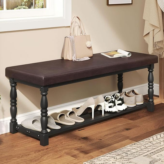 DWVO 48" L Entryway Shoe Bench with Cushioned Seat & Storage for 5-6 Pairs of Shoes, Shoe Rack with Roman Style Legs for Hallway Mudroom Dressing Room, Brown & Black