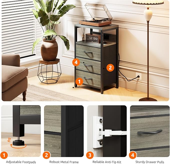 Lazzanto NightStand Bedside Charging Table Bedroom - Night Stand with Charger Station, Modern Nightstand with Open Shelf & 3 Fabric Drawers, End Table with USB-C USB Ports & AC Outlets for Dorm, Grey