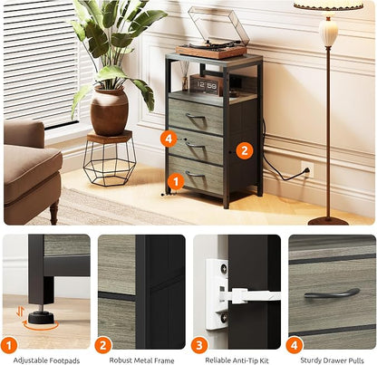 Lazzanto NightStand Bedside Charging Table Bedroom - Night Stand with Charger Station, Modern Nightstand with Open Shelf & 3 Fabric Drawers, End Table with USB-C USB Ports & AC Outlets for Dorm, Grey