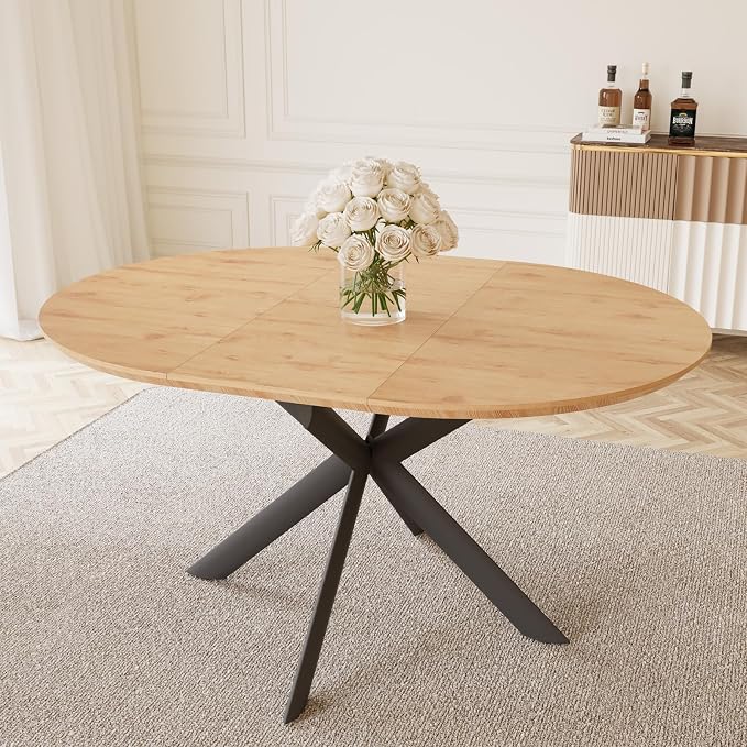 HIPIHOM 43.2"-59.1" Extendable Round Dining Table | Mid century modern oak finish, MDF board, space saving design, for 4-6 person, kitchen & coffee table