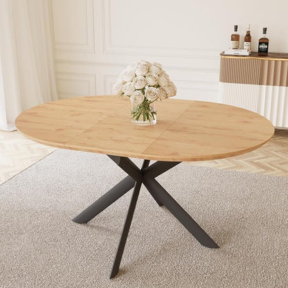 HIPIHOM 43.2"-59.1" Extendable Round Dining Table | Mid century modern oak finish, MDF board, space saving design, for 4-6 person, kitchen & coffee table