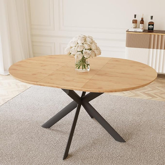 HIPIHOM 43.2"-59.1" Extendable Round Dining Table | Mid century modern oak finish, MDF board, space saving design, for 4-6 person, kitchen & coffee table